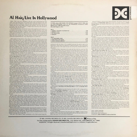Al Haig - Live In Hollywood (Vinyl, LP, Album) Very Good Plus (VG+) / Very Good Plus (VG+)