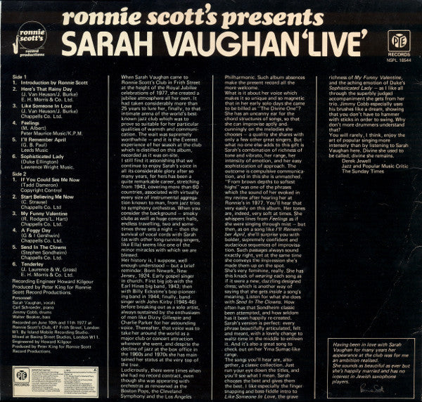 Sarah Vaughan - Ronnie Scott's Presents Sarah Vaughan Live (Vinyl, LP) Very Good (VG) / Very Good (VG)
