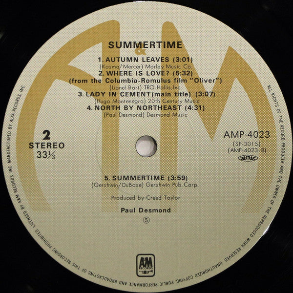 Paul Desmond - Summertime (Vinyl, LP, Album, Reissue) Very Good Plus (VG+) / Very Good (VG)