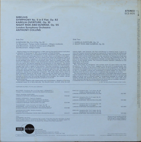Jean Sibelius - Symphony No. 5 / Karelia Overture / Night Ride And Sunrise (Vinyl, LP, Compilation, Stereo) Good Plus (G+) / Very Good Plus (VG+)