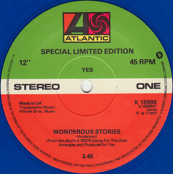 Yes - Wonderous Stories (Vinyl, 12", 45 RPM, Single, Limited Edition) Good Plus (G+) / Good Plus (G+)