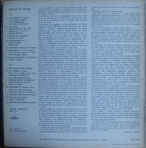 Annie Challan - Recital De Harpe (Vinyl, LP) Very Good (VG) / Very Good (VG)