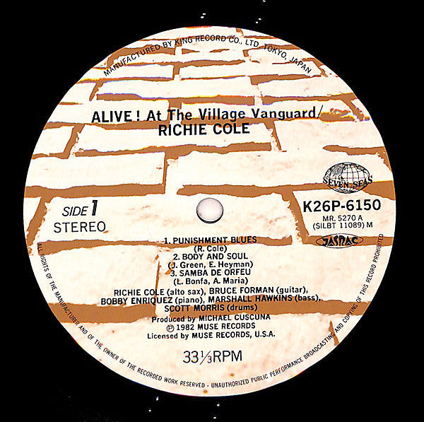 Richie Cole - Alive! At The Village Vanguard (Vinyl, LP, Album) Very Good Plus (VG+) / Very Good (VG)