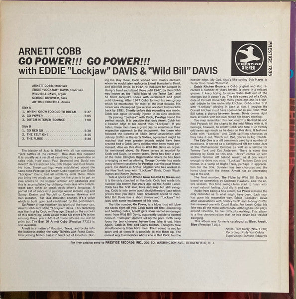 Arnett Cobb - Go Power! (Vinyl, LP, Album, Reissue, Stereo) Very Good Plus (VG+) / Very Good (VG)
