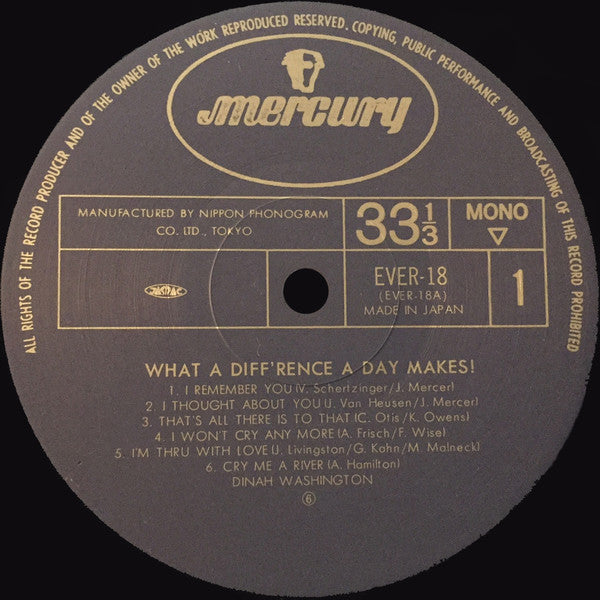 Dinah Washington - What A Diff'rence A Day Makes! (Vinyl, LP, Album, Reissue, Mono) Very Good Plus (VG+) / Very Good (VG)