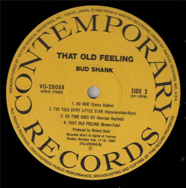Bud Shank Quartet - That Old Feeling (Vinyl, LP) Very Good Plus (VG+) / Near Mint (NM or M-)