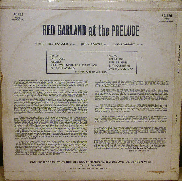 Red Garland - At The Prelude (Vinyl, LP, Mono) Very Good (VG) / Good Plus (G+)