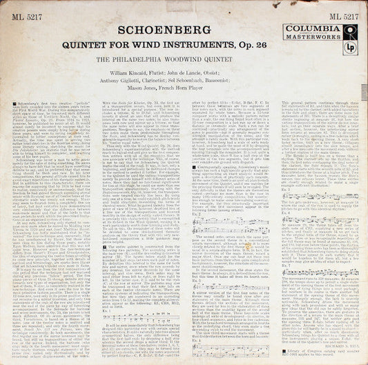 Arnold Schoenberg - Quintet For Wind Instruments, Op. 26 (Vinyl, LP, Mono) Very Good Plus (VG+) / Very Good Plus (VG+)