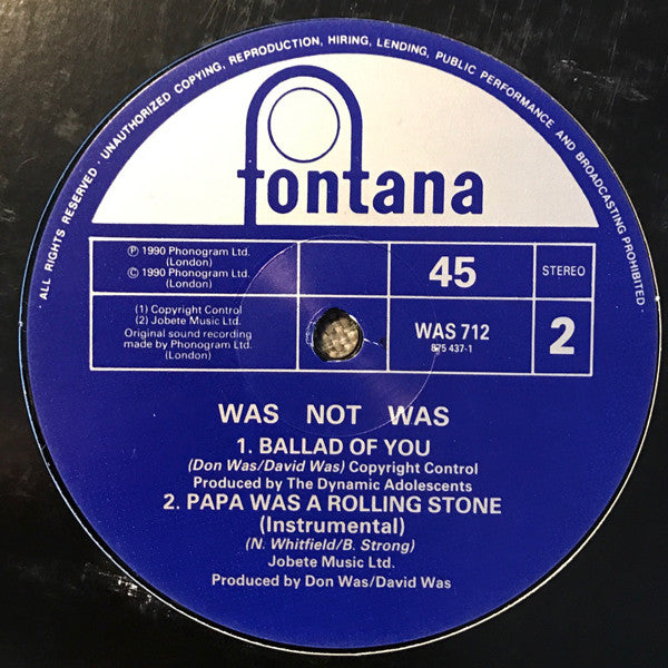 Was (Not Was) - Papa Was A Rolling Stone (Vinyl, 12", 45 RPM, Single) Very Good Plus (VG+) / Very Good (VG)