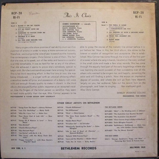 Chris Connor - This Is Chris (Vinyl, LP, Album, Mono) Good Plus (G+) / Good (G)