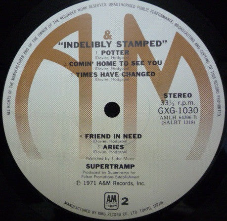 Supertramp - Indelibly Stamped (Vinyl, LP, Album, Reissue) Very Good Plus (VG+) / Very Good Plus (VG+)