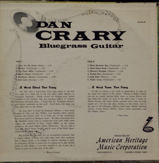 Dan Crary - Bluegrass Guitar (Vinyl, LP, Album) Very Good Plus (VG+) / Good Plus (G+)