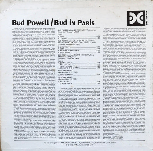 Bud Powell - Bud In Paris (Vinyl, LP, Album, Mono) Very Good (VG) / Very Good (VG)