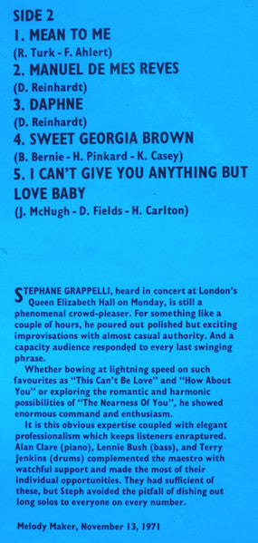 Stéphane Grappelli - Stéphane Grappelli 1972 (Recorded Live At The Queen Elizabeth Hall London) (Vinyl, LP, Album, Stereo) Very Good Plus (VG+) / Very Good Plus (VG+)