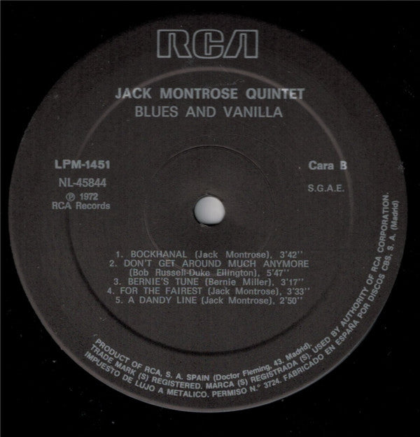 The Jack Montrose Quintet - Blues And Vanilla (Vinyl, LP, Album, Reissue, Mono) Very Good Plus (VG+) / Very Good (VG)