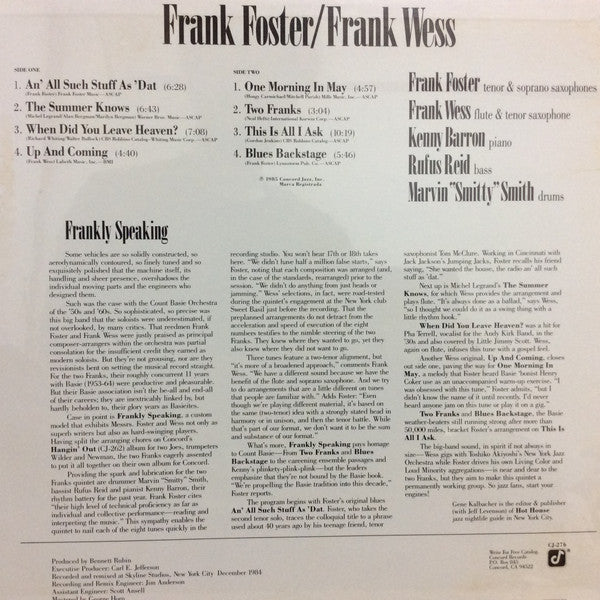 Frank Foster - Frankly Speaking (Vinyl, LP) Very Good (VG) / Very Good (VG)