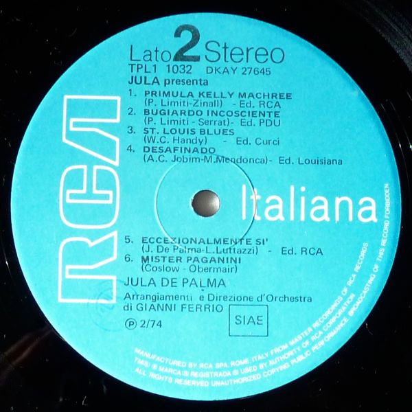 Jula De Palma - Jula Presenta (Vinyl, LP, Compilation) Very Good Plus (VG+) / Good Plus (G+)