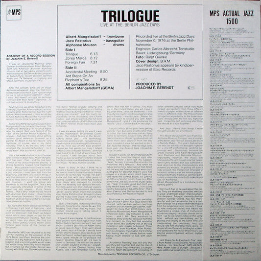 Albert Mangelsdorff - Trilogue - Live At The Berlin Jazz Days (Vinyl, LP, Album) Very Good (VG) / Very Good Plus (VG+)