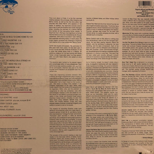 Billy Eckstine - Billy Eckstine Sings With Benny Carter (Vinyl, LP, Album, Stereo) Very Good (VG) / Very Good Plus (VG+)