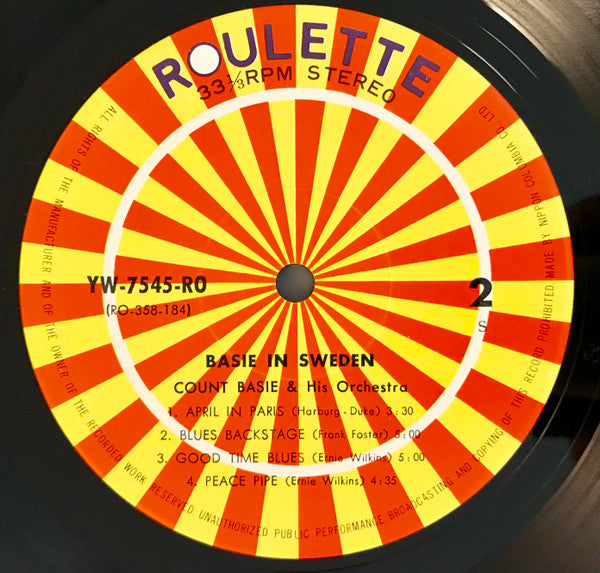 Count Basie Orchestra - Basie In Sweden (Vinyl, LP, Album, Stereo) Near Mint (NM or M-) / Very Good (VG)