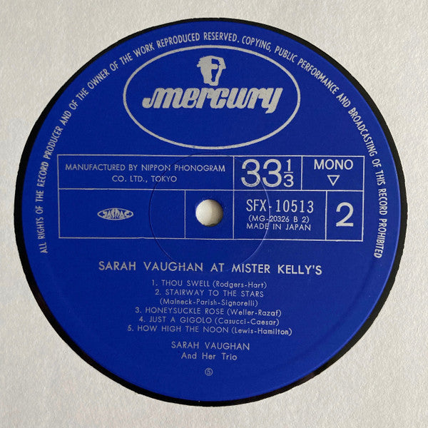 Sarah Vaughan And Her Trio - Sarah Vaughan At Mister Kelly's (Vinyl, LP, Album, Mono) Very Good Plus (VG+) / Good Plus (G+)