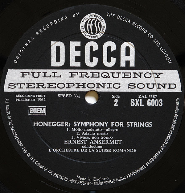 Arthur Honegger - Christmas Cantata / Symphony For Strings (Vinyl, LP, Stereo) Very Good Plus (VG+) / Very Good (VG)