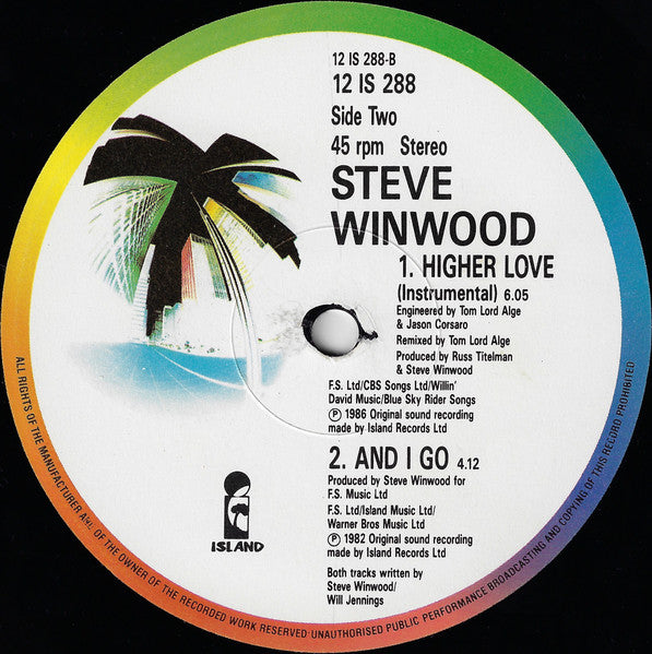 Steve Winwood - Higher Love (Vinyl, 12", 45 RPM) Very Good (VG) / Very Good Plus (VG+)
