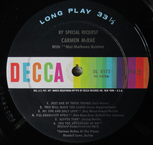 Carmen McRae - By Special Request (Vinyl, LP, Album, Reissue, Mono) Very Good Plus (VG+) / Good Plus (G+)