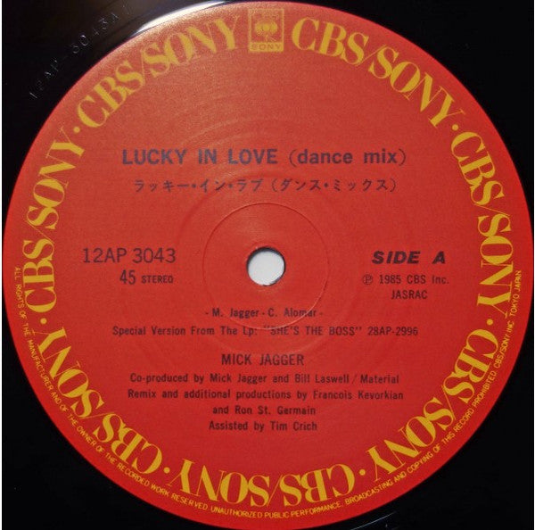 Mick Jagger - Lucky In Love (Dance Mix) (Vinyl, 12", 45 RPM, Maxi-Single, Stereo) Very Good Plus (VG+) / Good (G)