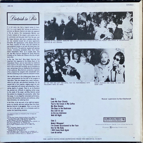 Marlene Dietrich - Dietrich In Rio (Recorded In Rio De Janeiro) (Vinyl, LP, Album, Reissue, Stereo) Very Good Plus (VG+) / Very Good Plus (VG+)