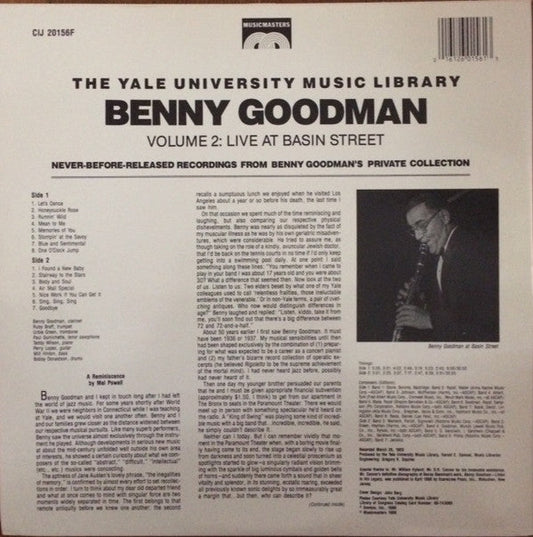 Benny Goodman - The Yale University Music Library- Benny Goodman, Volume 2: Live At Basin Street (Vinyl, LP, Album, Stereo) Very Good Plus (VG+) / Very Good Plus (VG+)