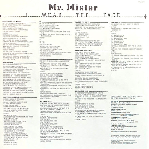 Mr. Mister - I Wear The Face (Vinyl, LP, Album) Very Good (VG) / Very Good (VG)