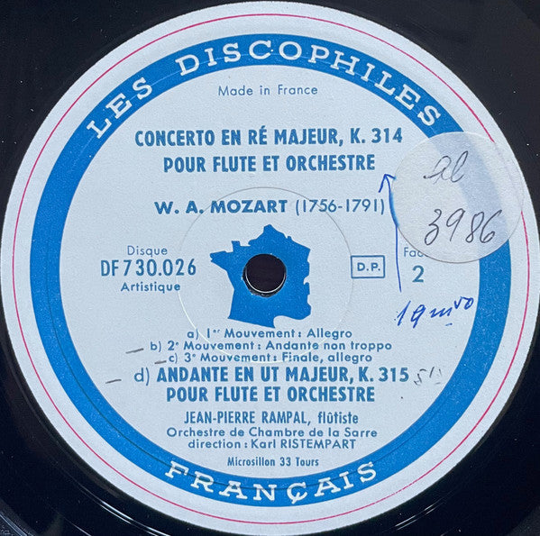 Wolfgang Amadeus Mozart - Les Deux Concertos Pour Flûte Et Orchestre / Andante Pour Flûte Et Orchestre, K. 315 (Vinyl, LP, Mono) Very Good Plus (VG+) / Very Good (VG)