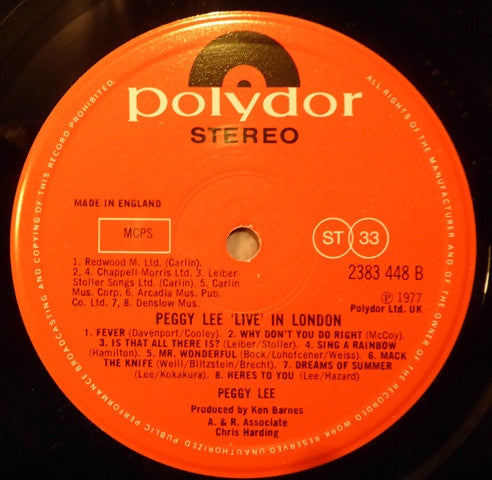 Peggy Lee - Live In London (Vinyl, LP, Album, Stereo) Very Good (VG) / Very Good Plus (VG+)