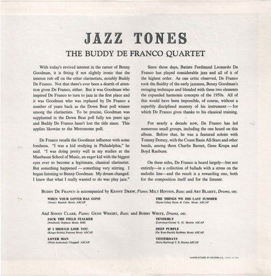 Buddy DeFranco Quartet - Jazz Tones (Vinyl, LP, Album, Reissue, Mono) Very Good Plus (VG+) / Good Plus (G+)