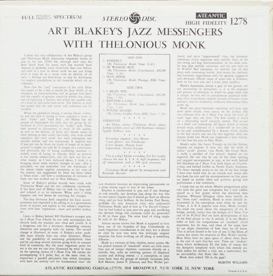 Art Blakey & The Jazz Messengers - Art Blakey's Jazz Messengers With Thelonious Monk (Vinyl, LP, Album, Reissue, Stereo, Mono) Very Good Plus (VG+) / Good Plus (G+)