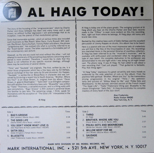 Al Haig - Today! (Vinyl, LP, Reissue) Very Good Plus (VG+) / Very Good Plus (VG+)