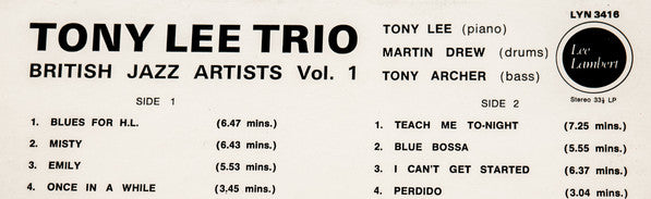 The Tony Lee Trio - British Jazz Artists Vol.1 (Vinyl, LP, Album, Stereo) Very Good (VG) / Very Good (VG)