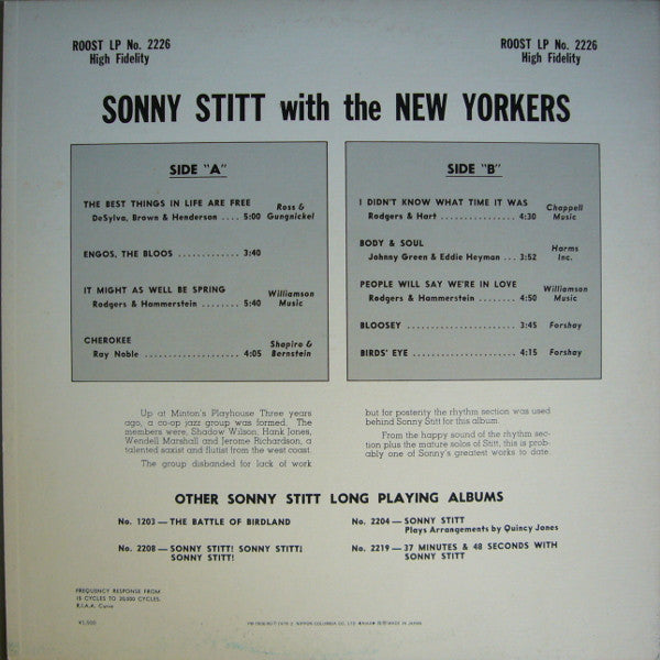 Sonny Stitt - Sonny Stitt With The New Yorkers (Vinyl, LP, Album, Mono, Reissue) Very Good Plus (VG+) / Very Good Plus (VG+)