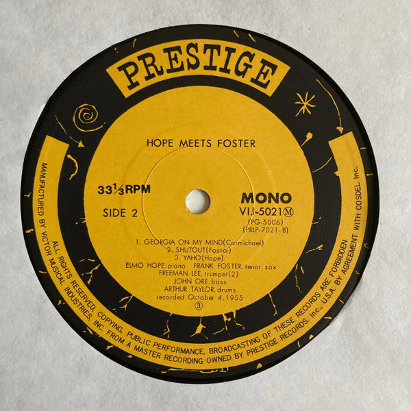Elmo Hope Quartet - Hope Meets Foster (Vinyl, LP, Album, Mono, Reissue) Near Mint (NM or M-) / Very Good (VG)