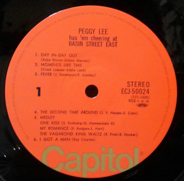 Peggy Lee - Basin Street East Proudly Presents Miss Peggy Lee Recorded At The Fabulous New York Club (Vinyl, LP, Reissue) Very Good Plus (VG+) / Good Plus (G+)