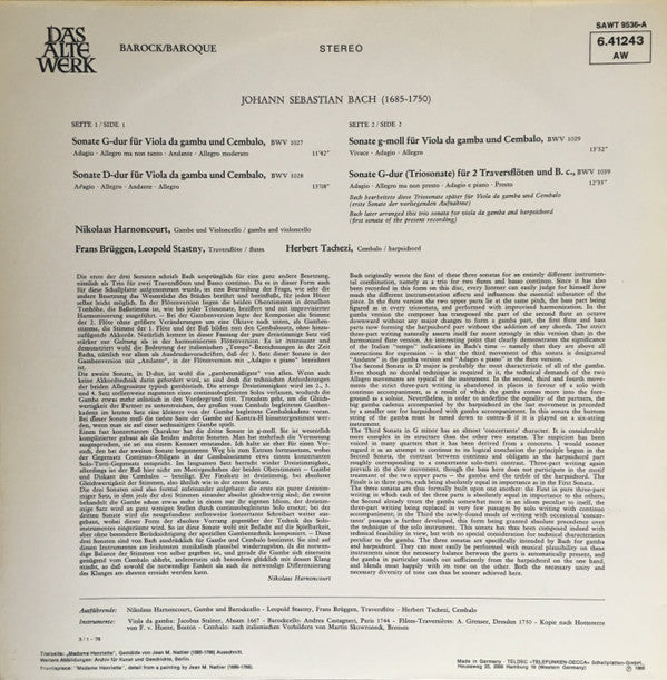 Nikolaus Harnoncourt - Johann Sebastian Bach: Gamba Sonatas - Trio Sonata in G major (Vinyl, LP, Album, Reissue, Stereo) Very Good Plus (VG+) / Very Good Plus (VG+)