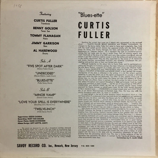 Curtis Fuller's Quintet - Blues-ette (Vinyl, LP, Album, Reissue, Stereo) Very Good (VG) / Very Good (VG)