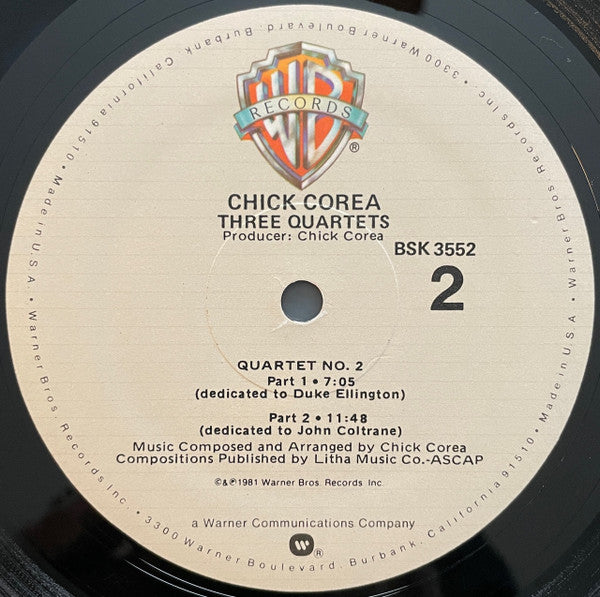 Chick Corea - Three Quartets (Vinyl, LP, Album, Stereo) Very Good (VG) / Very Good Plus (VG+)