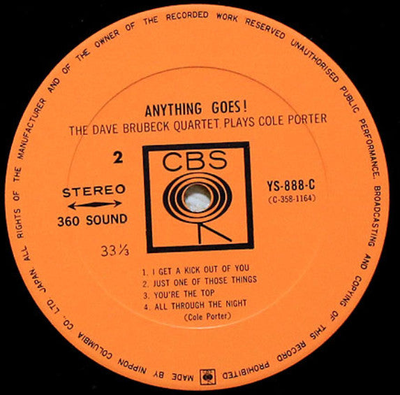 The Dave Brubeck Quartet - Anything Goes! The Dave Brubeck Quartet Plays Cole Porter (Vinyl, LP, Album, Stereo) Very Good (VG) / Good Plus (G+)