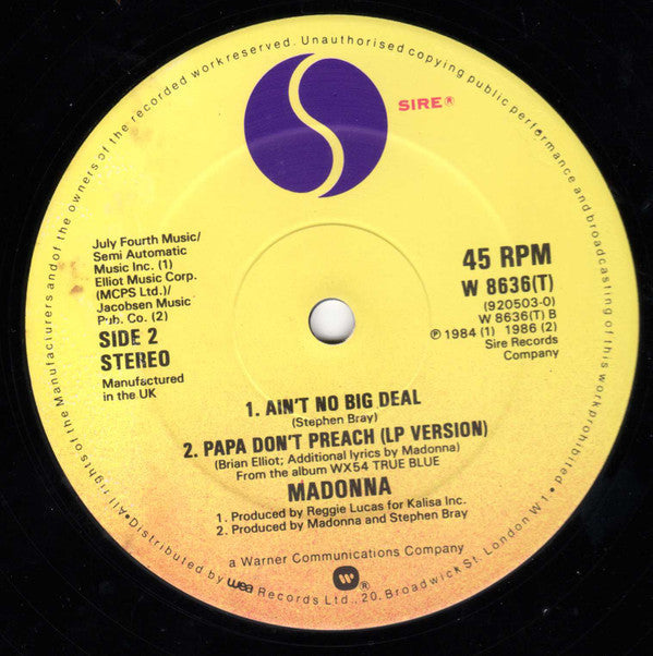 Madonna - Papa Don't Preach (Vinyl, 12", 45 RPM, Single, Limited Edition, Stereo) Very Good Plus (VG+) / Very Good Plus (VG+)