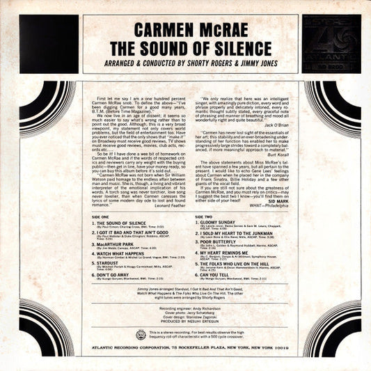 Carmen McRae - The Sound Of Silence (Vinyl, LP, Album, Reissue) Very Good Plus (VG+) / Very Good (VG)