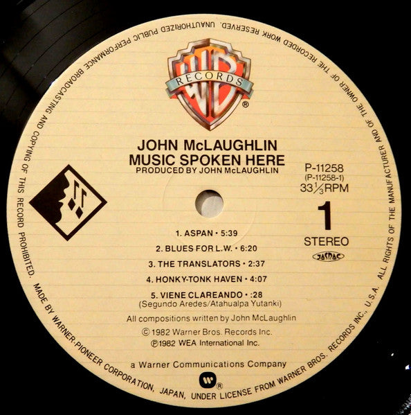 John McLaughlin - Music Spoken Here (Vinyl, LP, Album) Very Good Plus (VG+) / Very Good Plus (VG+)