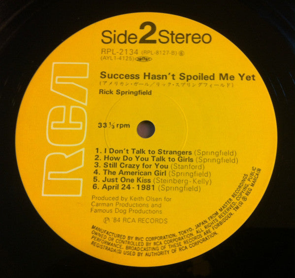 Rick Springfield - Success Hasn't Spoiled Me Yet (Vinyl, LP, Album, Reissue) Very Good Plus (VG+) / Very Good (VG)