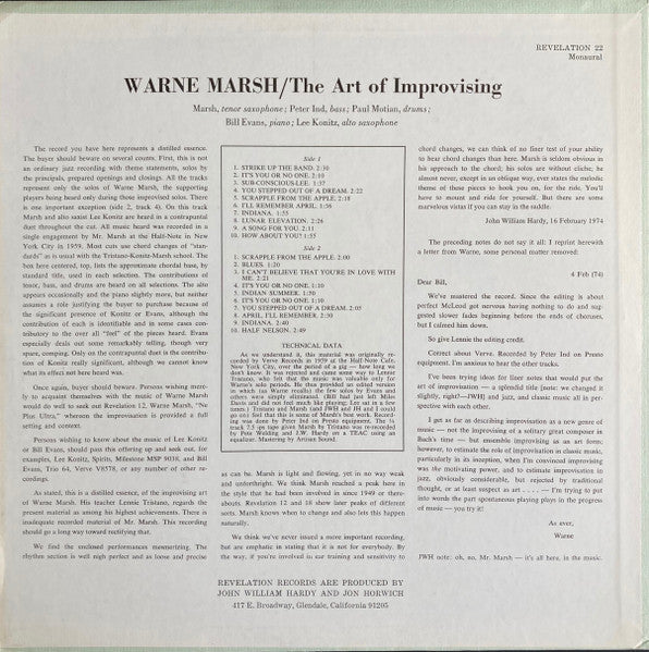 Warne Marsh - The Art Of Improvising (Vinyl, LP, Album) Very Good (VG) / Very Good (VG)